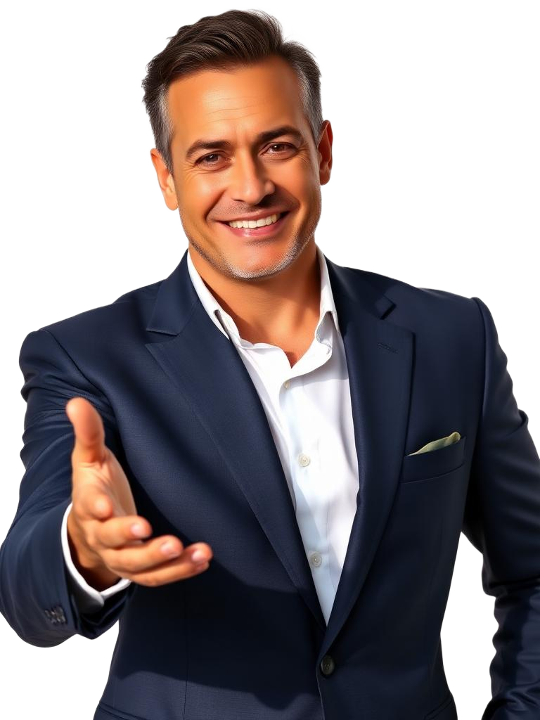 Empresário sorridente em terno navy com lenço dourado, estendendo a mão em cumprimento.